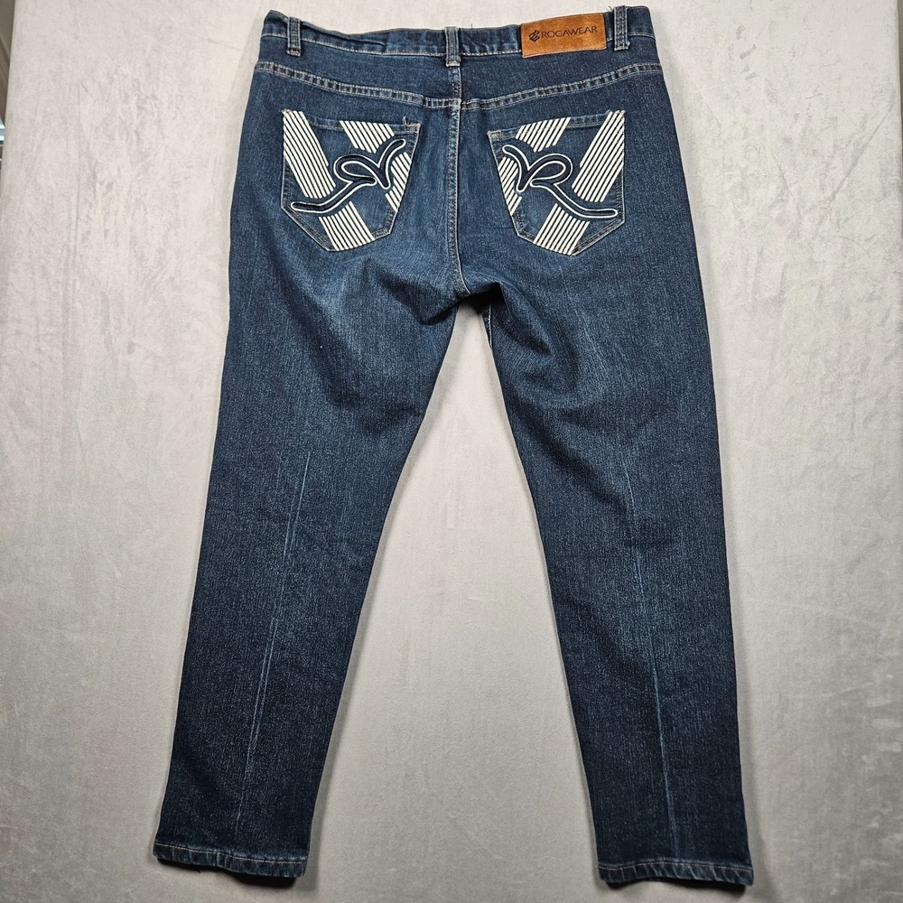 Rocawear Jeans Mens 38x28 Slim Fit Dark Wash Embroidered Pocket Streetwear Logo - Picture 4 of 12